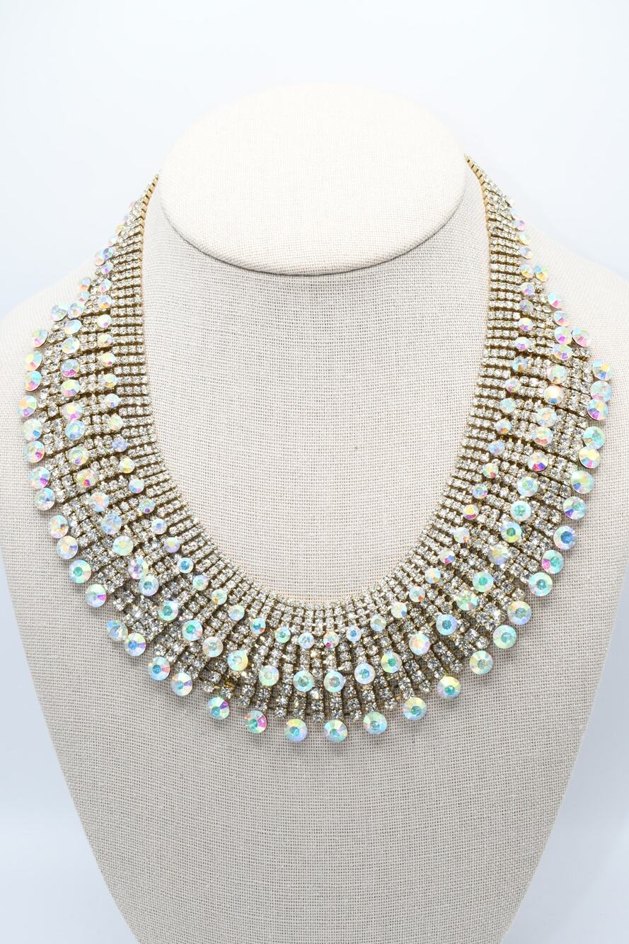 Natasha AB Rhinestone Bib Necklace Gold Tone Statement Bridal NWT